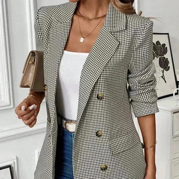Coffee Brown Casual Women's Turndown Collar Long Sleeve & Versatile Plaid Blazer - Picture 3 of 6